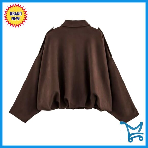 Faux Suede Bomber Jacket Lightweight Oversized Batwing Sleeves Chic Streetwear - Picture 4 of 7